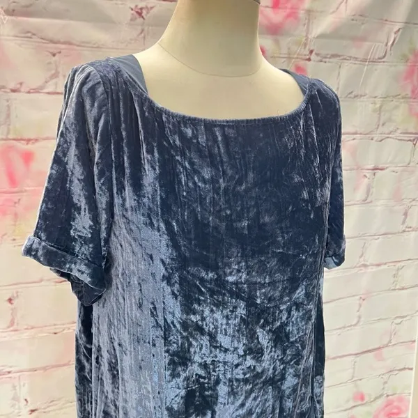 Floreat Anthropologie Women's Square Neck Short Sleeve Blue Velvet Shift Dress S - Image 5