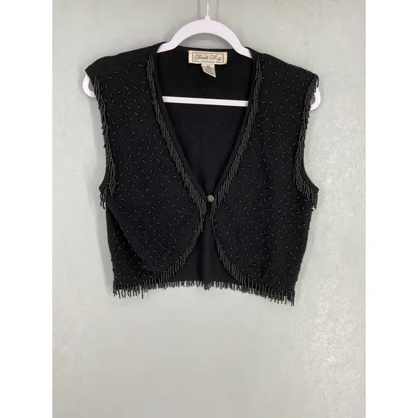 Private Party Women Vest Black Beaded Fringe Angora Lambswool Blend Medium - Image 2