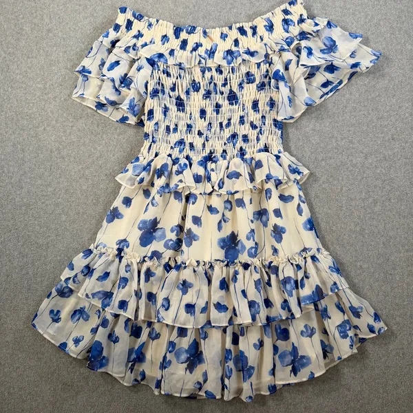 MISA Los Angeles Size Small Blue Floral Smocked Off-Shoulder Mini Dress Ruffle - Image 10