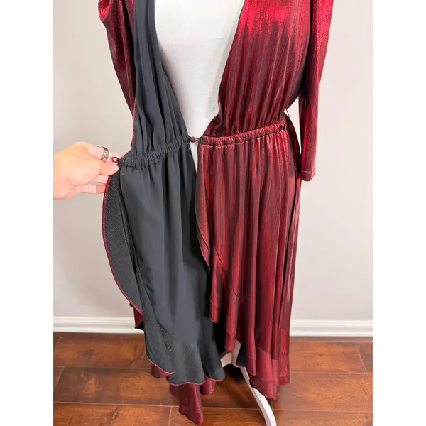 Retrofête Flora Metallic Red Lame Wrap Maxi Puff Sleeve Asymmetrical Gown Small - Image 9