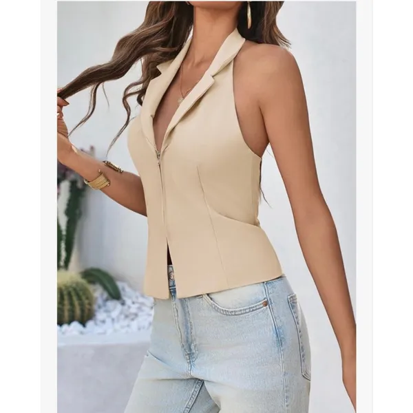 NEW Halter Blazer Vest Deep V Neck Zip Up Backless Smocked Waist M - Image 6