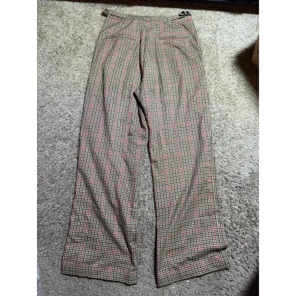 John Galt California Plaid Wide Leg Trousers Brown Red Check Pink Button 32W - Image 5