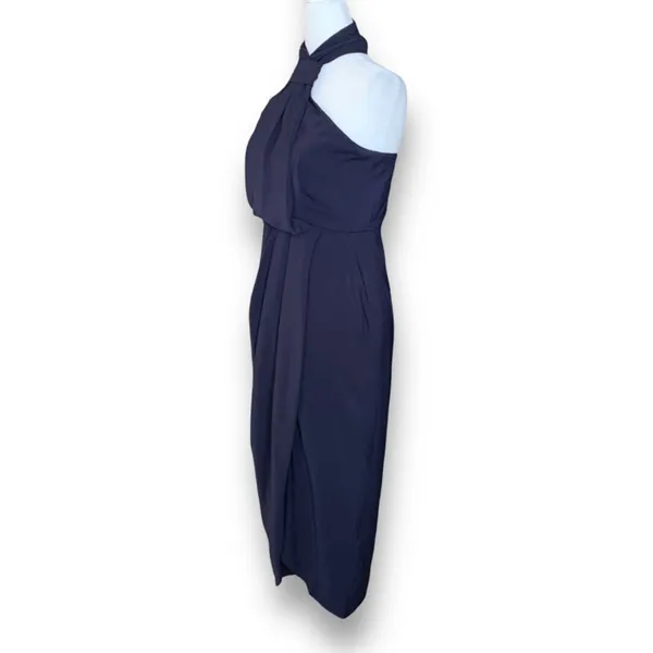 Shona Joy Revolve‎ Knot Draped Halter Dress Navy Blue Maxi 4 Cocktail Formal - Image 3