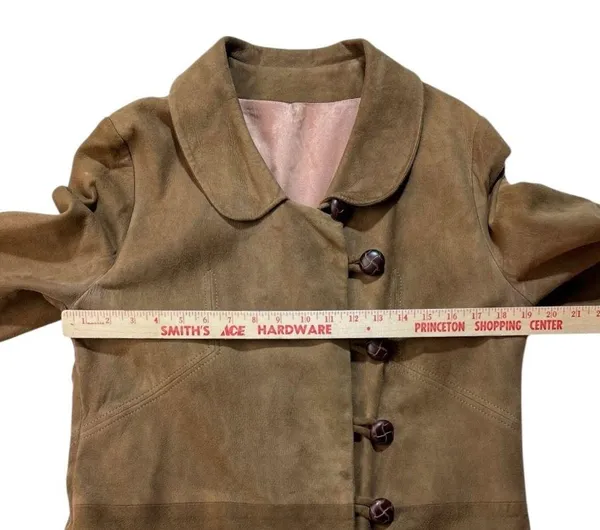 Vintage 60’s Leather Jacket Coat Brown Small Suede Leather Buttons Lined Collar - Image 4