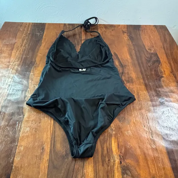 J.Crew Womens Black Scalloped Halter V-Neck One-Piece Swimsuit Large L - Image 6