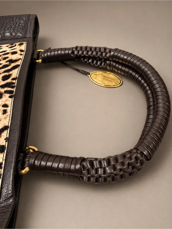 Ellie Tahari Black Pebbled Leather Toto Leopard Design Calf Hair Used ONCE EUC - Image 5