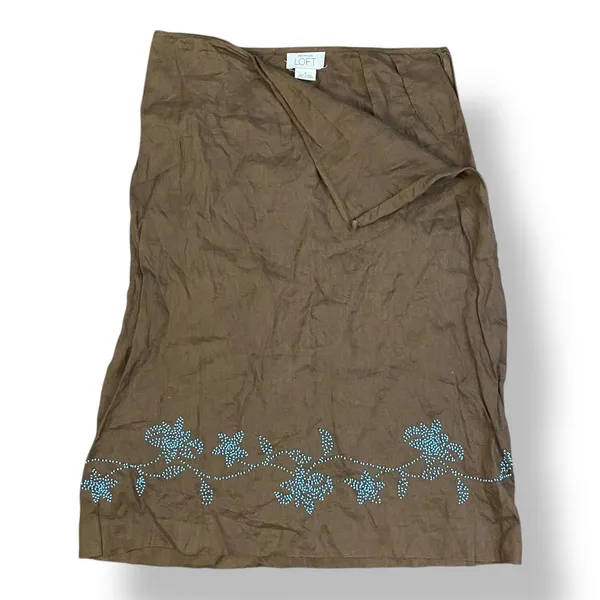 Ann‎ Taylor Loft Linen Beaded Midi Skirt Size 4 Brown Blue Boho - Image 4