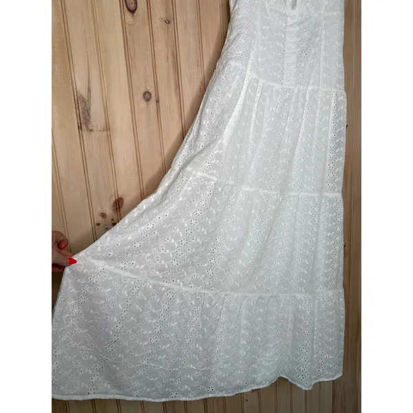 NWT Lulus Nerissa White Eyelet Embroidered Ruffle Drop Waist Midi Dress Tiered M - Image 5