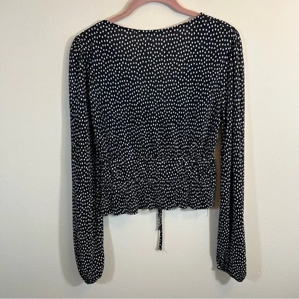 Zara Pleated Surplice V Neck Faux Wrap Blouse Top Polka Dots Long Sleeves Medium - Image 10