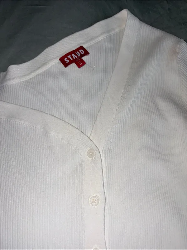 STAUD White Ribbed V-Neck Button-Up Cardigan - Image 2