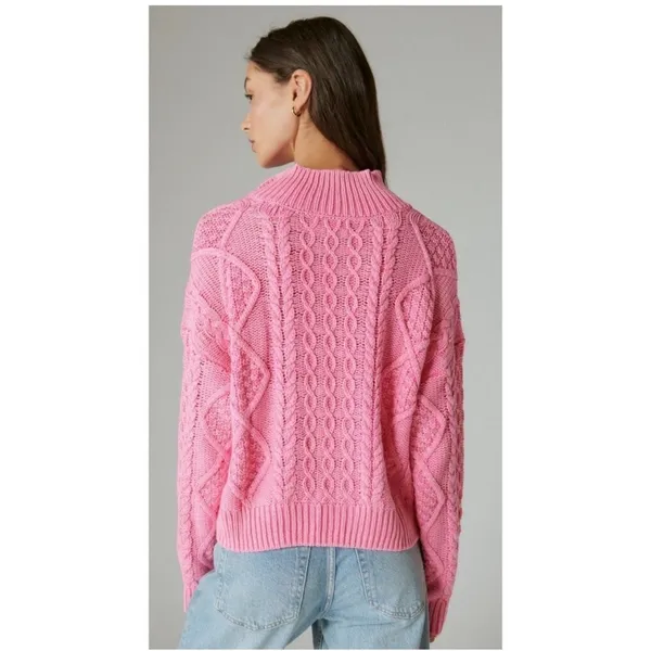 Lucky Brand Women Cotton Sweater Small Pink Cable Knit Quarter Zip Pullover - Image 3