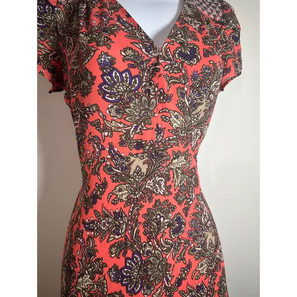 Pepe Jeans London Tottenham Paisley Floral V-Neck Fit & Flare Dress Coral Pink M - Image 4
