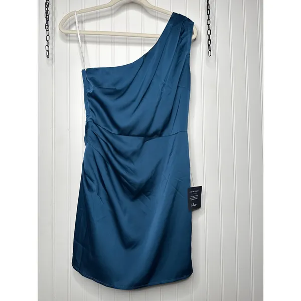 NWT Lulus Love Me Tonight Navy Blue Satin One-Shoulder Mini Dress Party Size M - Image 2