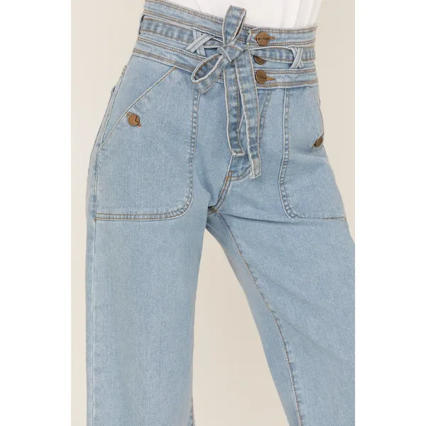 Lola Reese Jeans High Rise Wide Leg Crop Jeans‎ Light Wash Belted Womens Size 30 - Image 3