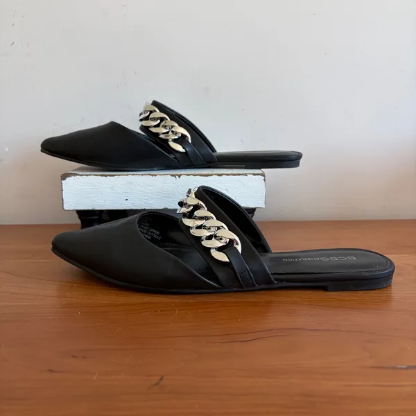 BCBGeneration Womens Black Pointed Toe Mules Silver Chain Link Flats Size‎ 9.5 - Image 3