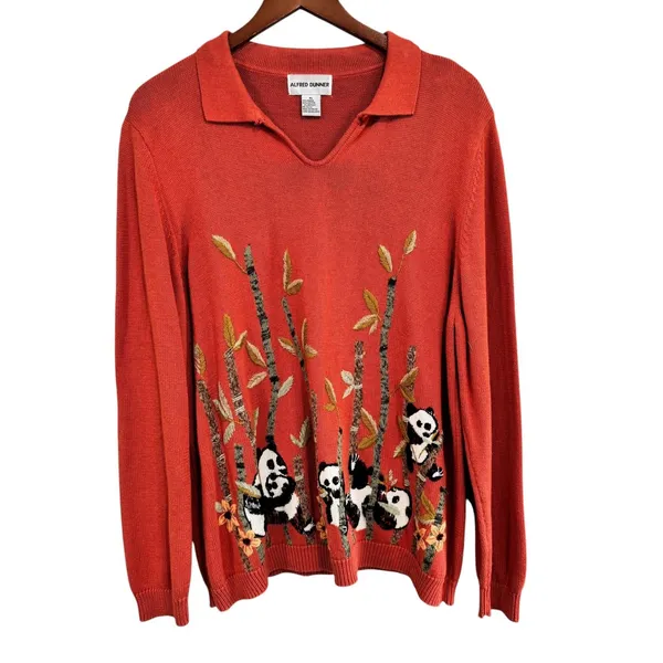 Alfred Dunner Panda Bamboo Embroidered Sweater Coral Ramie Cotton XL 6349 - Image 9