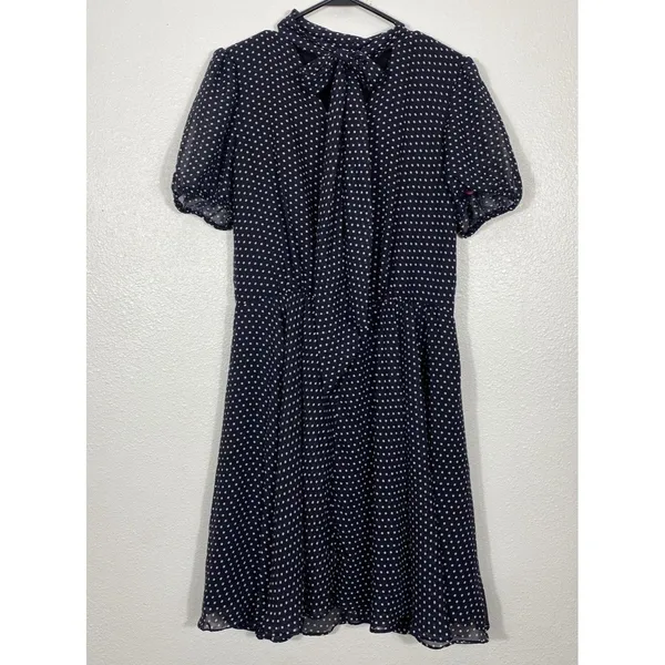 Betsey Johnson Navy Polka Dot Chiffon Puff Sleeve Tie Neck Knee Dress Size 10 - Image 4