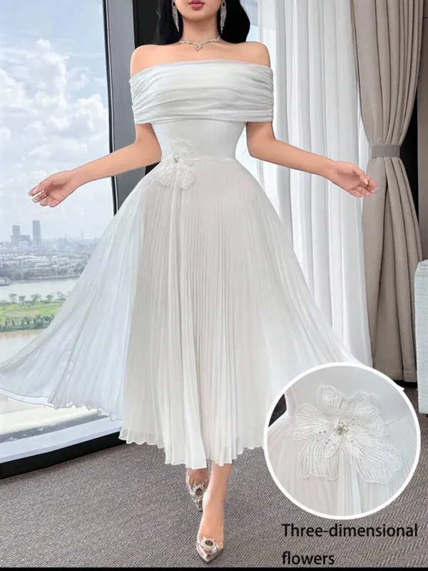 Off-Shoulder White Midi Dress with Pleated Skirt - Image 2