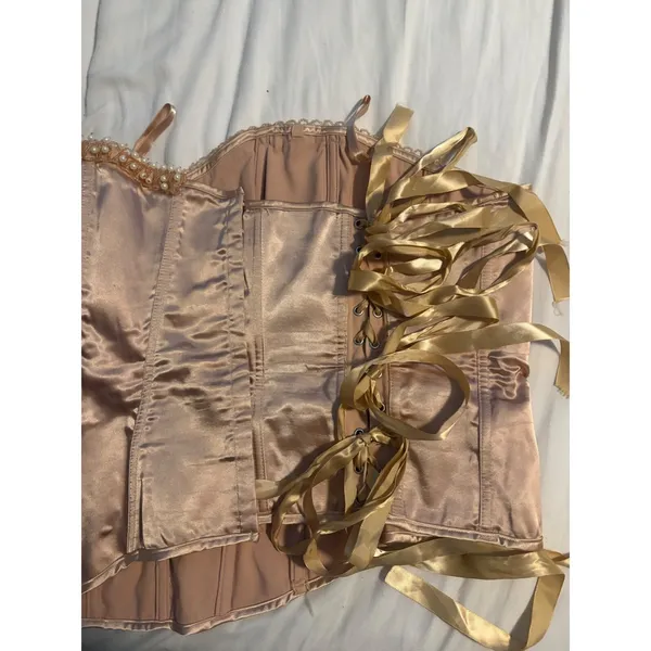 Dreamgirl Corset Top Burlesque Champagne Pearl Trim Satin Lace Up Size 42 XL - Image 9