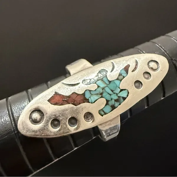 Vintage Sterling Silver Native American Turquoise Coral Chips Peyote Bird Ring 7 - Image 7