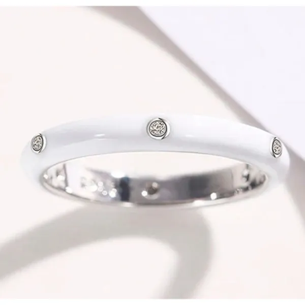 NEW Women's White Ceramic Pave Diamond Sterling Silver Band Ring, Size 7‎ - Image 3