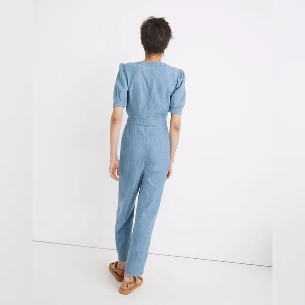 Madewell Blue Denim Jumpsuit Cotton Blend size‎ 0 Puff Sleeve Button Front - Image 2