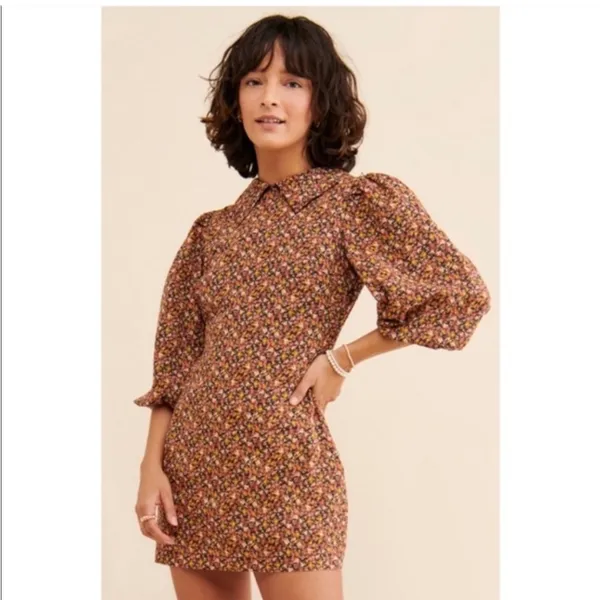Free People Brown Printed Floral Sheath Mini Dress Small 3/4 Sleeves Collared - Image 3
