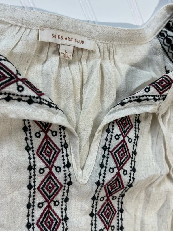 Boutique Skies Are Blue Embroidered Boho Peasant‎ Mini Dress | Size Large - Image 7