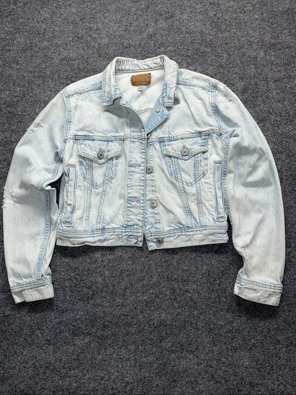 American Eagle Outfitters Pale Blue Cropped Denim Distressed Jacket - Image 2