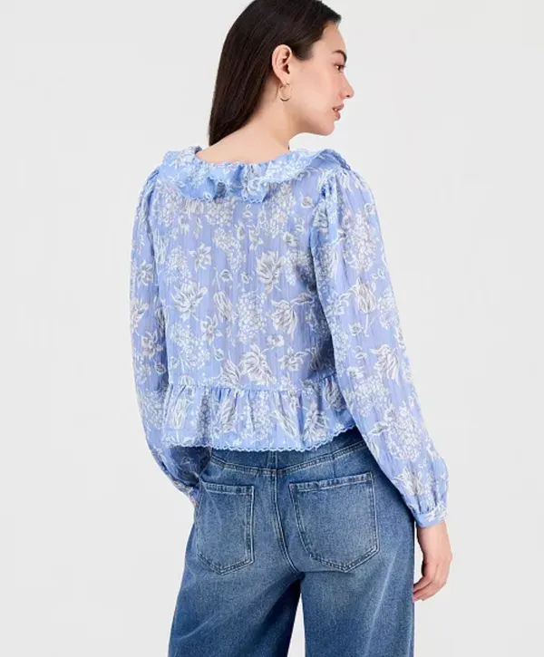 Macy's Light Blue Floral Ruffle Blouse - Image 2