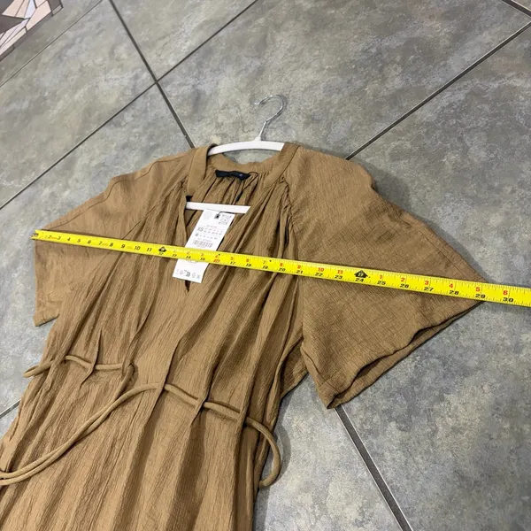 Zara Dress Womens Sz XS Khaki Olive Midi Pleated Tie Waist Contemprorary Beachy - Image 12