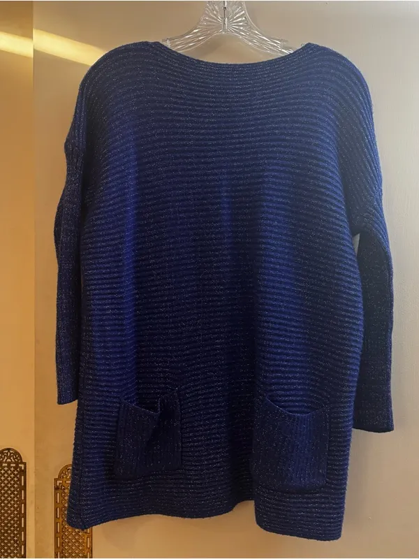 Royal blue metallic Ribbed Pocket pullover oversized knit Sweater size small - Image 2