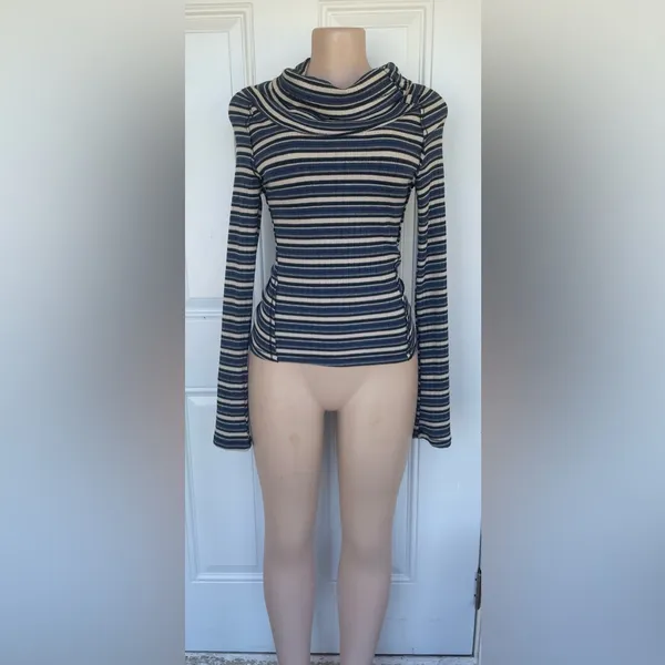 Free People Navy and Cream Striped Turtleneck Sweater - Image 2
