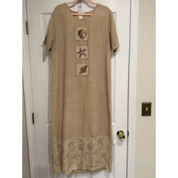 Vintage 90s Coastal‎ Linen Seashell Maxi Dress Tan - Image 2