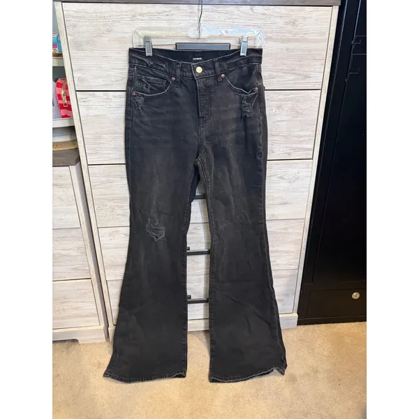 Express 70s Flare Mid Rise Distressed Black Jeans Size 6L Long - Image 2
