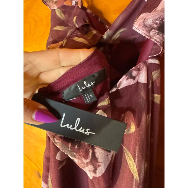 NWT Lulus Sweetest Entrance Plum Purple Floral Ruffled Tie-Back Maxi Dress Sz S - Image 7