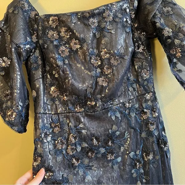 Aidan Mattox Blue Sequin Off the Shoulder‎ Dress Gown Long 6 - Image 5