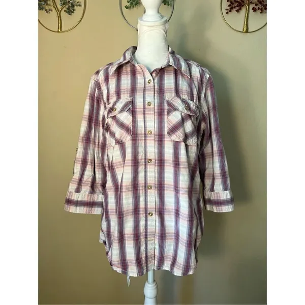 Carhartt Huron Cream Berry Red Pink Plaid Button Down 3/4 Sleeve Shirt Medium - Image 7