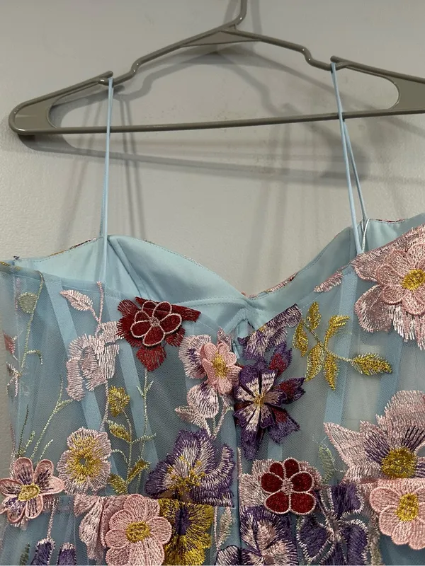 Mac Duggal 56331 Blue Spaghetti Strap Floral Embroidered A-Line Gown Sz 6 - Image 4