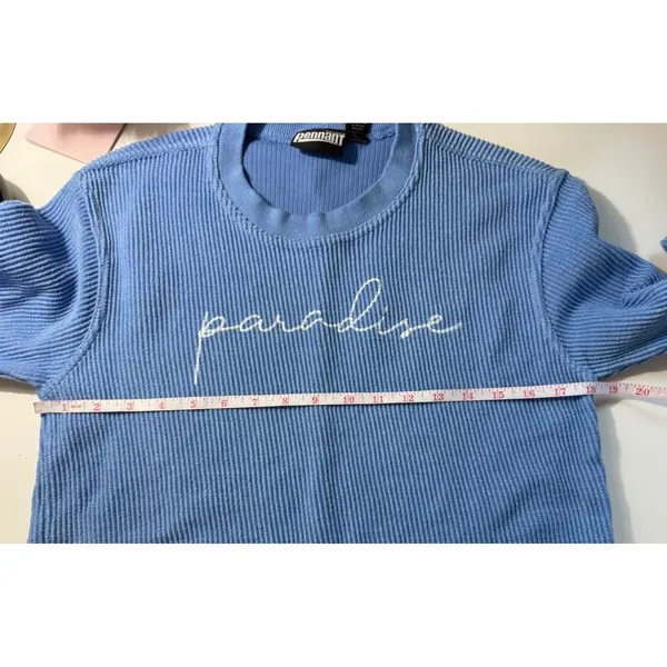 Pennant Sportswear Blue Ribbed Long Sleeve Top Paradise‎ Graphic Women's Small - Image 6
