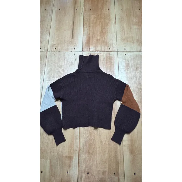 Blue Rain Womens Colorblock‎ Turtleneck Sweater Brown Tan Cream Cropped Small - Image 4