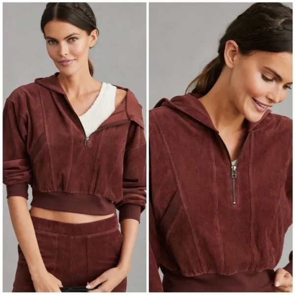 NWT Anthropologie Daily‎ Practice brown velour hoodie sz L - Image 2