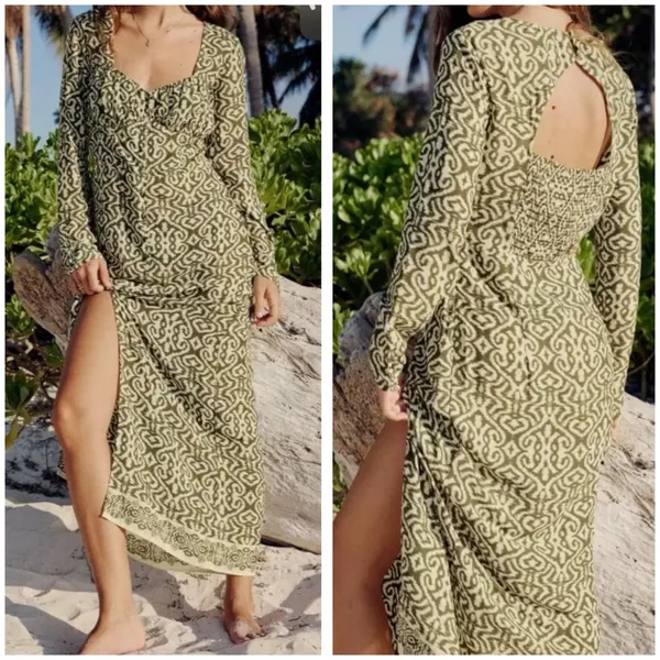 NWT‎ ZARA Printed Modal Midi Dress Green/Cream Small Boho Tribal Resortwear - Image 2