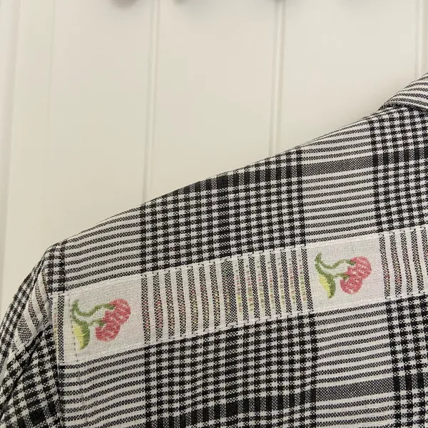 Vintage adult black cream checkered plaid cherry embroidered button‎ down shirt - Image 5