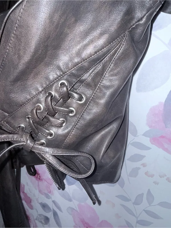 Women's Black/Brown Faux Leather Cropped Jacket with Lace-Up Sided - Image 7