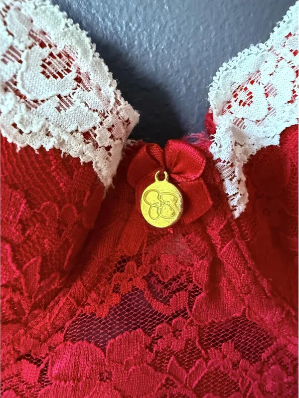 Red Lace Lingerie Dress with White Trim and Adjustable Straps - Image 3