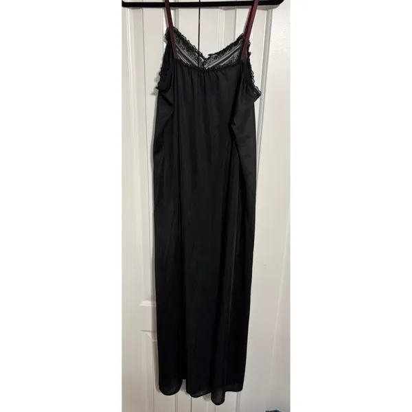 Vintage‎ Nightgown Slip Lace Trim Black Burgundy Ribbon Tie 70s 80s Noir - Image 5