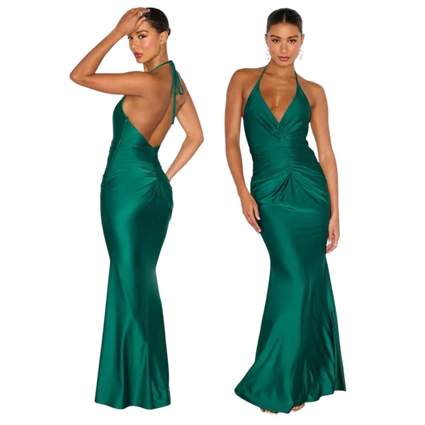 Lulus Zaniya Emerald Green Ruched Halter Maxi Dress size XXS NWT - Image 2