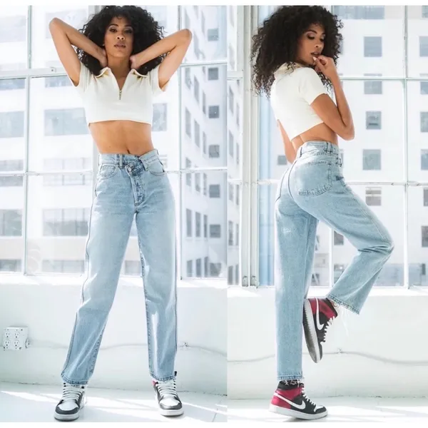 Revice Denim Venus Asymmetrical Crossover High Rise Straight Leg Jeans 27 Light - Image 2