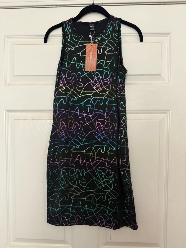 SHEIN Black Sleeveless Mini Dress with Multicolor Abstract Line Print - Image 5